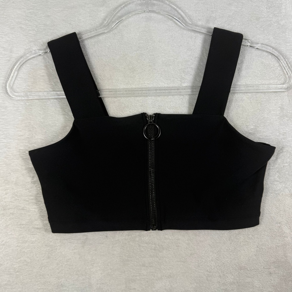 Alo Yoga Womens Black Front Zip O-Ring Square Neck Crop Top W1246R Size S